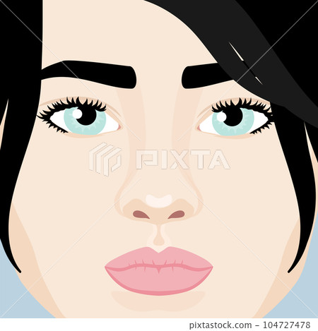 Beautiful brunette girls face close up. Woman with black hair and blue eyes. Vector illustration Beautiful brunette girls face close up. Woman with black hair and blue eyes. Vector illustration 104727478