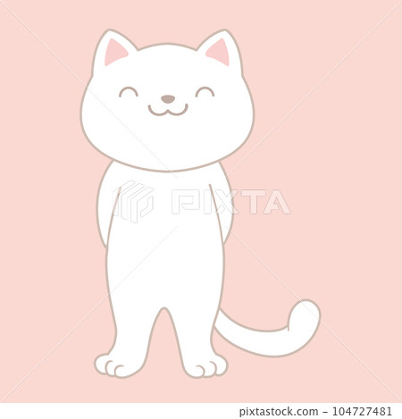 Cartoon white cat posing on pastel pink background. Cute childish style. Vector illustration 104727481