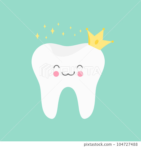 Healthy and happy tooth. Cartoon smiling tooth in a crown with gold shining stars. Vector illustration 104727488