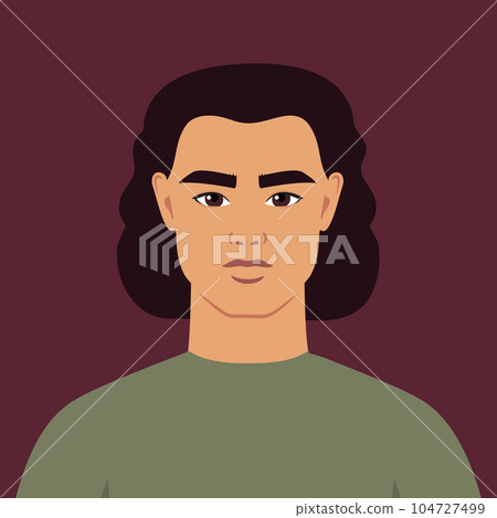 Young man with curly hair portrait. Abstract guy or a student. Full face abstract male avatar in flat style. Vector art Young man with curly hair portrait. Abstract guy or a student. Full face abstract male avatar in flat style. Vector art 104727499