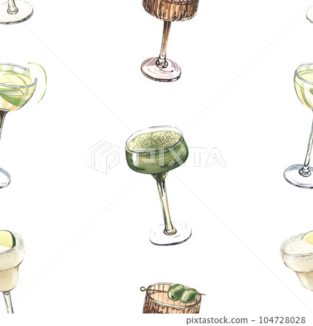 Watercolor seamless pattern, cocktail glasses: matcha martini, margarita. Hand-drawn illustration isolated on white background. Perfect for recipe lists with alcoholic drinks, for cafe 104728028