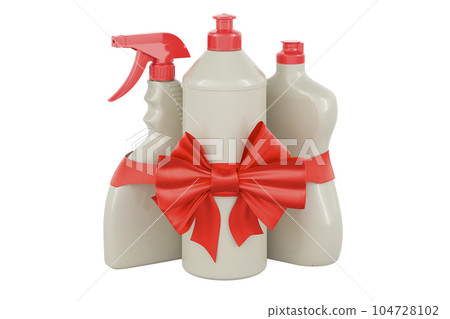 Detergent, cleaning products with red ribbon and bow, present concept. 3D rendering Detergent, cleaning products with red ribbon and bow, present concept. 3D rendering 104728102