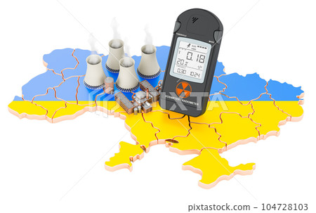 Nuclear power stations on Ukrainian map with radiation dosimeter, 3D rendering 104728103