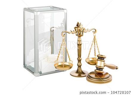 Ballot box with wooden gavel and scales of justice. 3D rendering Ballot box with wooden gavel and scales of justice. 3D rendering 104728107