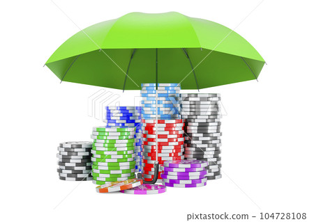 Casino tokens under umbrella, 3D rendering Casino tokens under umbrella, 3D rendering 104728108