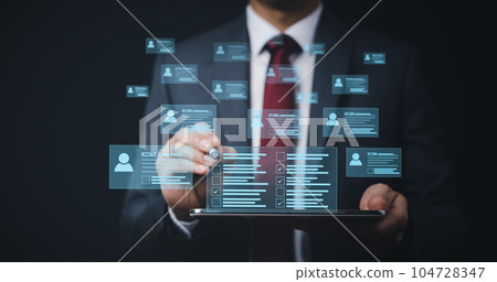 Businessman hand touch Online documentation database, complete the online survey form, answer the test questions. Marked checklist on a clipboard. Human resources and management concept. Businessman hand touch Online documentation database, complete the online survey form, answer the test questions. Marked checklist on a clipboard. Human resources and management concept. 104728347