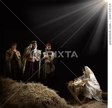 Shepherds with a lamb came to worship the newborn Jesus Shepherds with a lamb came to worship the newborn Jesus 104728514
