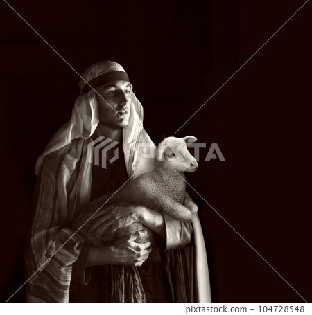 Shepherd hold a sheep in his arms 104728548