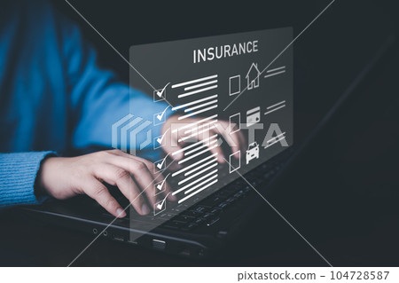 Insurance form agreements concept, Businessman signs insurance contracts  e-signing digital online, document management, concerning mortgage loan offer for and house insurance 104728587