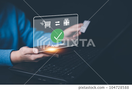 Online payment with digital marketing, Smartphone with banking online bill payment Approved concept button, credit card and network connection icon on business technology virtual screen background 104728588