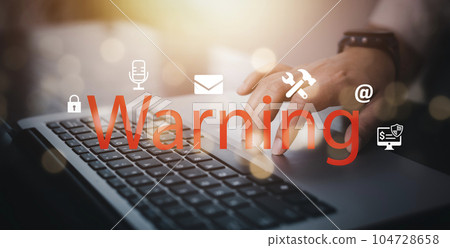 Email concept with laptop spam and virus computer monitor internet security concept, woman using laptop electronic send message. Spam, junk and e-marketing on screen, Spam Email Pop-up Warning. Email concept with laptop spam and virus computer monitor internet security concept, woman using laptop electronic send message. Spam, junk and e-marketing on screen, Spam Email Pop-up Warning. 104728658