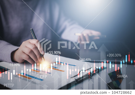 Business people touch planning and strategy, Stock market, Business growth down, Concept of financial crisis, echnical price graph and indicator, red candlestick chart with analyzing forex trading. 104728662