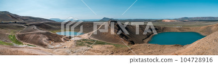 Panoramic image of green Askja volcano crater lake in Iceland 104728916