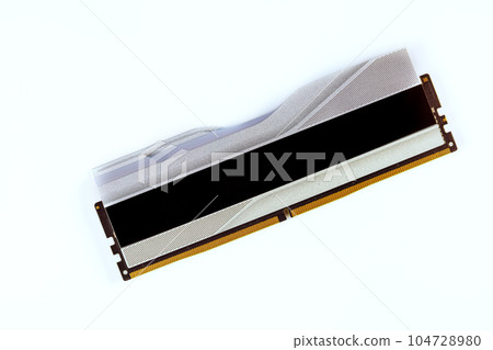 Desktop computer features cutting edge 288-Pin SDRAM DDR5 memory modules against white background. Desktop computer features cutting edge 288-Pin SDRAM DDR5 memory modules against white background. 104728980