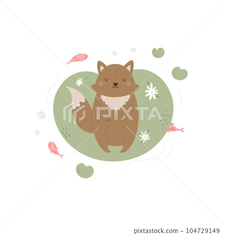 Top view illustration of a funny fox floating in the pond 104729149