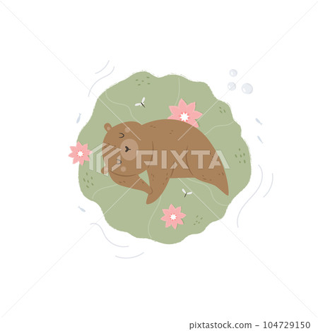 Top view illustration of a sleeping bear floating in the pond. Top view illustration of a sleeping bear floating in the pond. 104729150