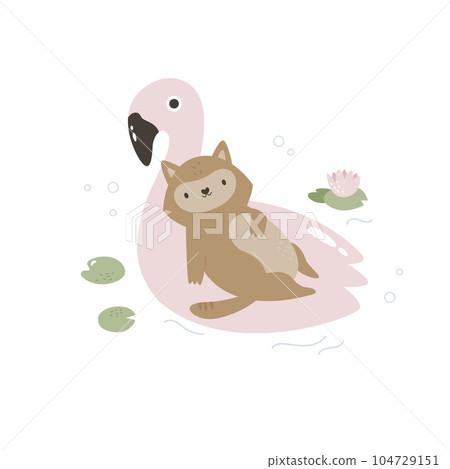 Vector illustration of a funny wolf floating on a pink flamingo Vector illustration of a funny wolf floating on a pink flamingo 104729151