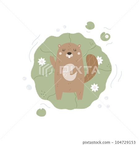 Top view illustration of a funny beaver floating in the pond Top view illustration of a funny beaver floating in the pond 104729153