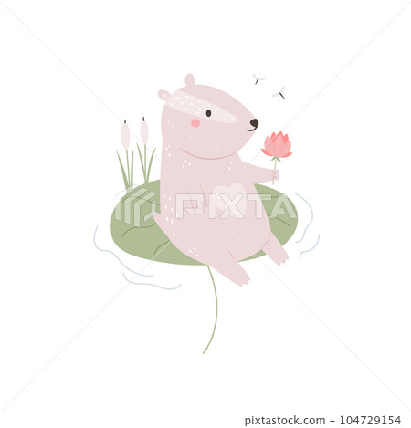 Vector illustration of adorable badger sitting on a water lily leaf with a flower 104729154