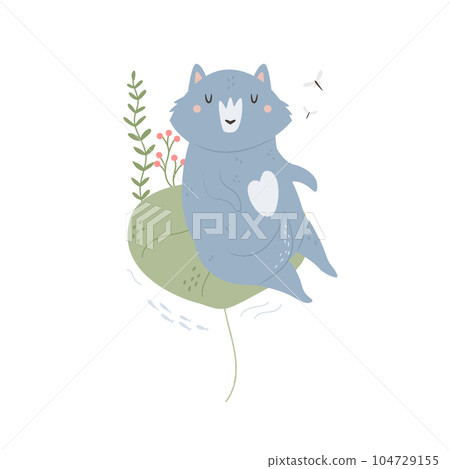 Vector illustration of a funny wolf sitting on a water lily leaf 104729155