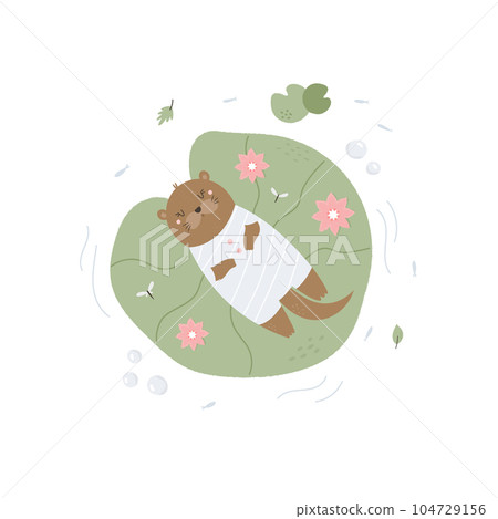 Top view illustration of a cute otter floating in the pond Top view illustration of a cute otter floating in the pond 104729156