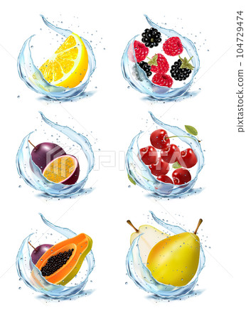 Set of fruits and berries in water splash. Apricot, watermelon, cherry, papaja, pineapple, limon, orange, mint, strawberry? blackberry, raspberry, mango in water splash and drops. Vector illustration. 104729474