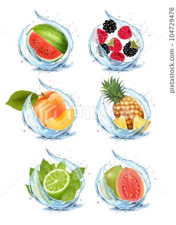Set of fruits and berries in water splash. Apricot, watermelon, cherry, papaja, pineapple, limon, orange, mint, strawberry? blackberry, raspberry, mango in water splash and drops. Vector illustration. Set of fruits and berries in water splash. Apricot, watermelon, cherry, papaja, pineapple, limon, orange, mint, strawberry? blackberry, raspberry, mango in water splash and drops. Vector illustration. 104729476