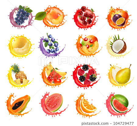 Set of fruits and vegetables in water splashes. Apricot, watermelon, cherry, raspberry, blackberry, coconut, pear, sweet melon, pineapple, strawberry in water splash and drops. Vector illustration. 104729477