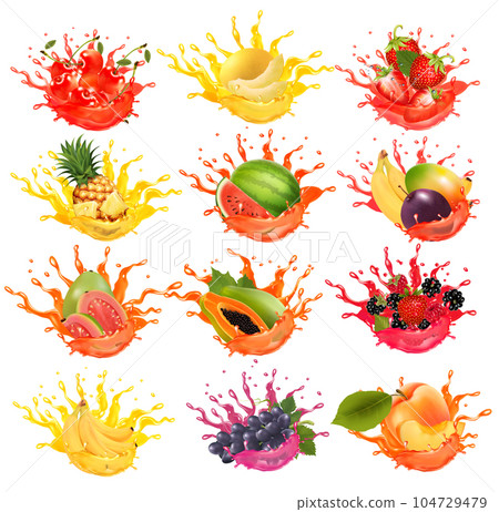 Set of fruits and berries in juice splashes. Watermelon, pineapple, grape. papaya, banana, mango, passion flower, raspberry, mangosteen, strawberry, plum juice drink splashing. Vector Set of fruits and berries in juice splashes. Watermelon, pineapple, grape. papaya, banana, mango, passion flower, raspberry, mangosteen, strawberry, plum juice drink splashing. Vector 104729479