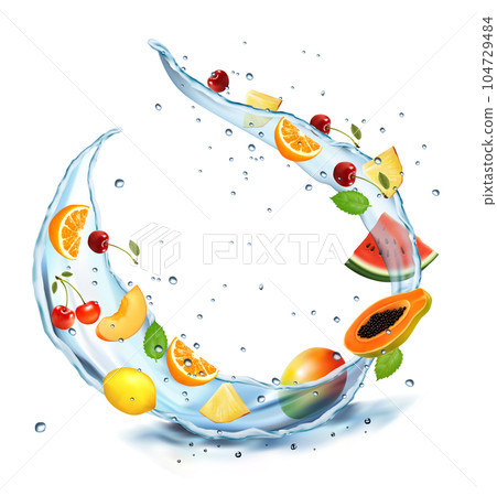 Set of fruits and berries in water splashes. Apricot, watermelon, cherry, papaja, pineapple, limon, orange, mint, mango in water splash and drops. Vector illustration. 104729484