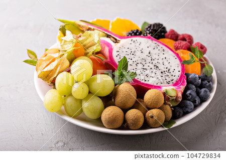 Exotic fruits on a tray Exotic fruits on a tray 104729834