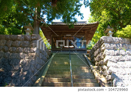 The majestic precincts of Mishima Shrine with its stage built on a stone wall 104729960