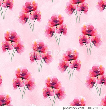 Delicate seamless pattern with bright pink watercolor poppies flowers with leaves. Tender watercolour flower bouquets background for textile design, wrapping paper, wallpaper Delicate seamless pattern with bright pink watercolor poppies flowers with leaves. Tender watercolour flower bouquets background for textile design, wrapping paper, wallpaper 104730112