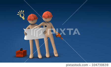 Engineers solving problems while looking at drawings. 104730639