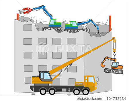 Building demolition work with heavy machinery. A backhoe is hoisted to a building with a large crane. 104732684