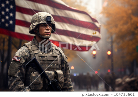 Serious soldier in camouflage uniform against the background of the American flag on Veterans Day. Serious soldier in camouflage uniform against the background of the American flag on Veterans Day. 104733601