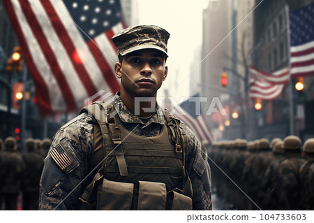 Brave serious african-american soldier in uniform against the background of the American flag on Veterans Day. 104733603