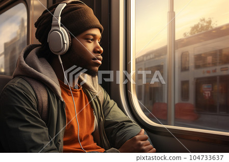A young African American man listens to music through headphones while traveling to work in transport. 104733637