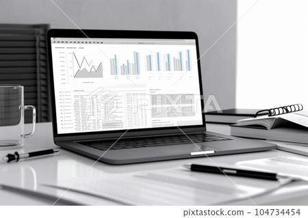 Image of paper, pen and laptop on desk AI generated 104734454