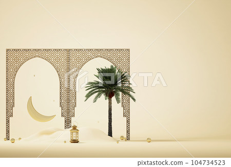 3d rendering background design template, islamic banner theme with beige color, ramadhan kareem, eid mubarak 104734523