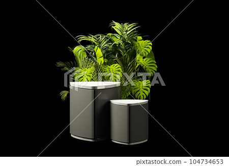 Futuristic marble countertops and grey color table surfaces on black background and plants. For illustrations mockup. 3d render  104734653