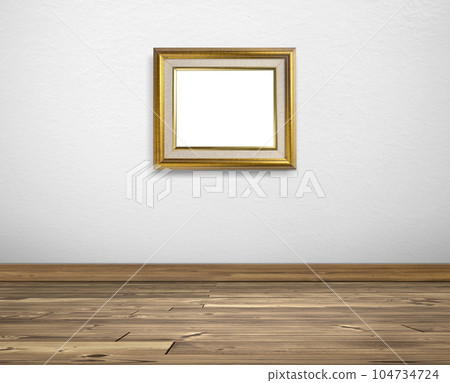 Golden picture frame on white walls and wooden floors Golden picture frame on white walls and wooden floors 104734724