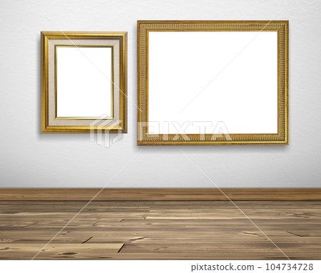 Golden picture frame on white walls and wooden floors Golden picture frame on white walls and wooden floors 104734728