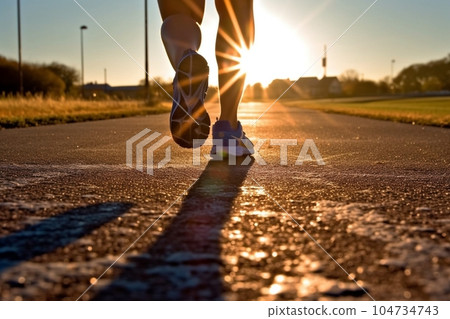 新起點的圖像（跑步者的腳、十字路口、日出）AI生成 104734743