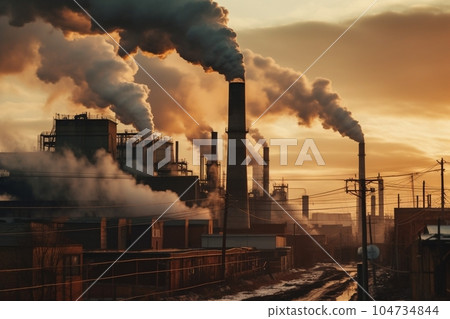 Image of air pollution (factory chimney, evening) AI generation 104734844
