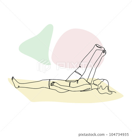 Single line drawing of a girl in yoga pose with abstract shapes Single line drawing of a girl in yoga pose with abstract shapes 104734935