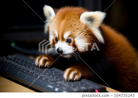 Image of a red panda working on a computer (typing) AI generation 104735245
