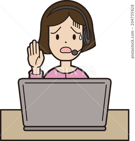 A young woman in pink clothes answering the phone while typing on a computer call center troubled face raises her hand 104735928