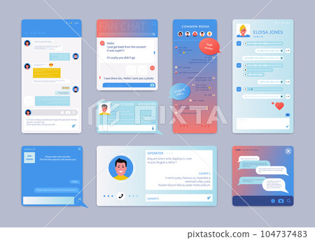 Live chat app. UI UX chatbot design. Smartphone screen of web support. Text messages on website page. Instant form. Mobile group communication. Vector phone messenger interface template Live chat app. UI UX chatbot design. Smartphone screen of web support. Text messages on website page. Instant form. Mobile group communication. Vector phone messenger interface template 104737483