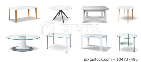 Realistic tables. Wooden and glass tabletops. Round or square wood desk. Coffee circle top side in perspective. Plastic office furniture design. Vector furnishing 3D modern elements set Realistic tables. Wooden and glass tabletops. Round or square wood desk. Coffee circle top side in perspective. Plastic office furniture design. Vector furnishing 3D modern elements set 104737486